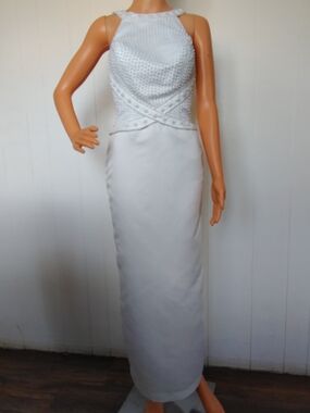 Christina Collection Vintage Pearl Halter Satin Column Gown Wedding Dress White
